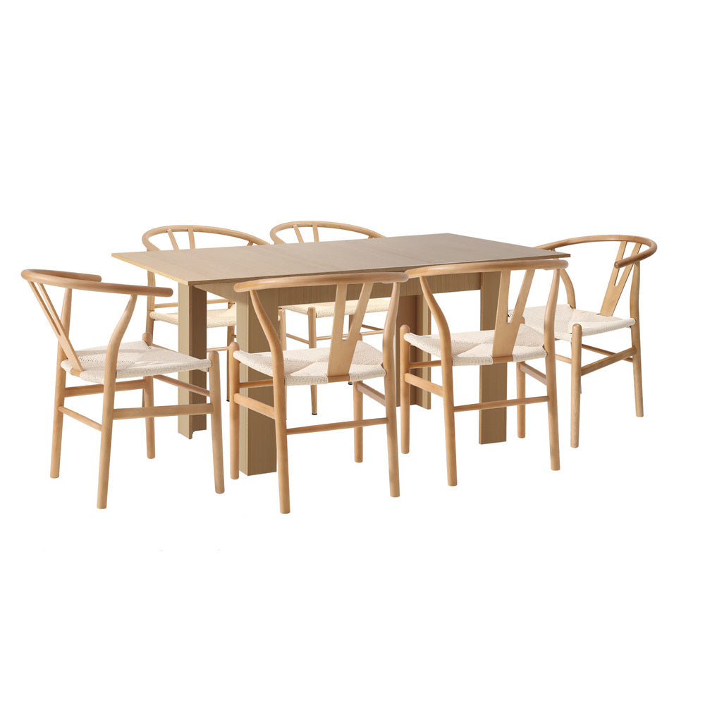 Oikiture 160cm Extendable Dining Table with 6x Hans Wegner Dining Chairs Natural-Dining Set-PEROZ Accessories