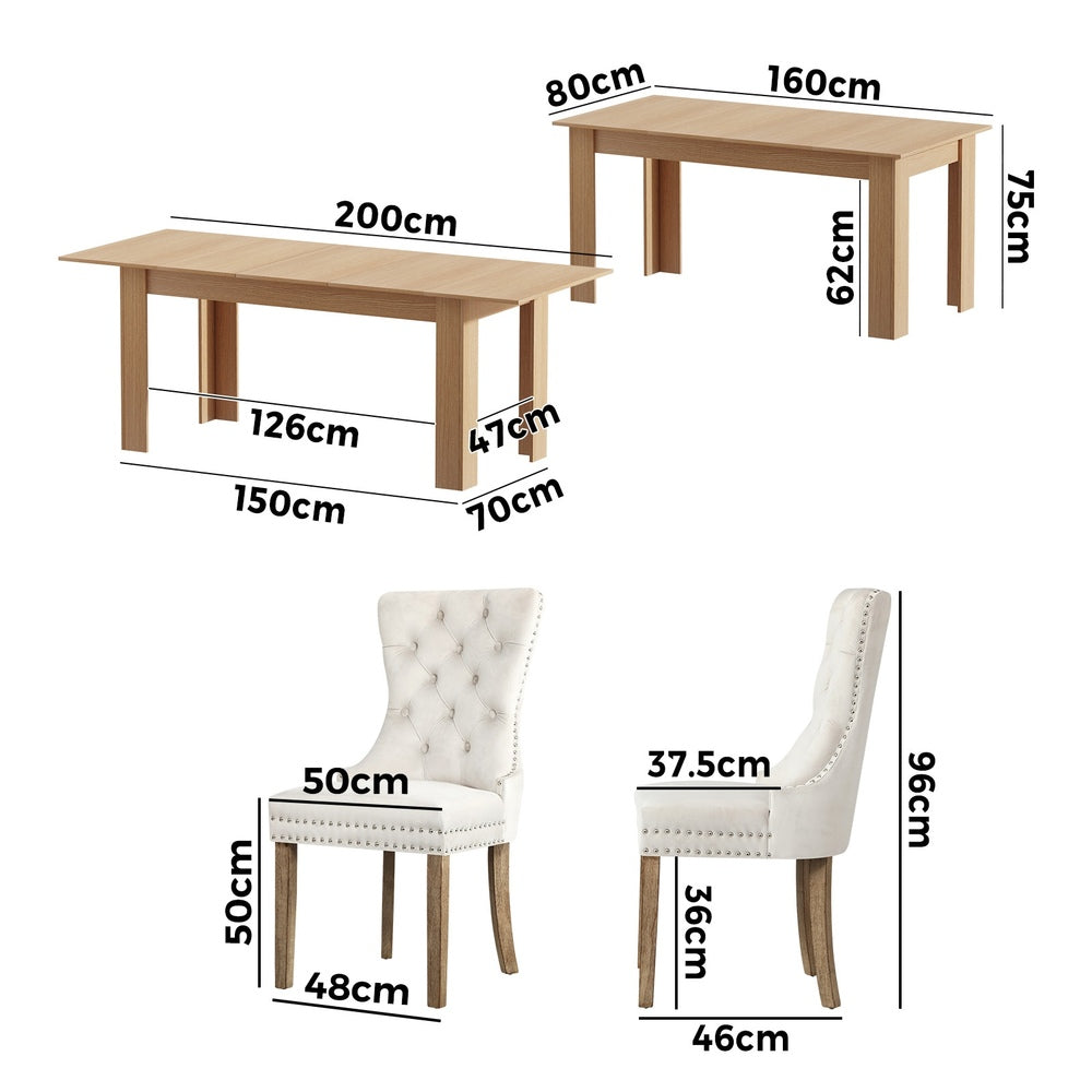 Oikiture 200cm Extendable Dining Table with 6PCS Dining Chairs Velvet Beige-Dining Sets-PEROZ Accessories