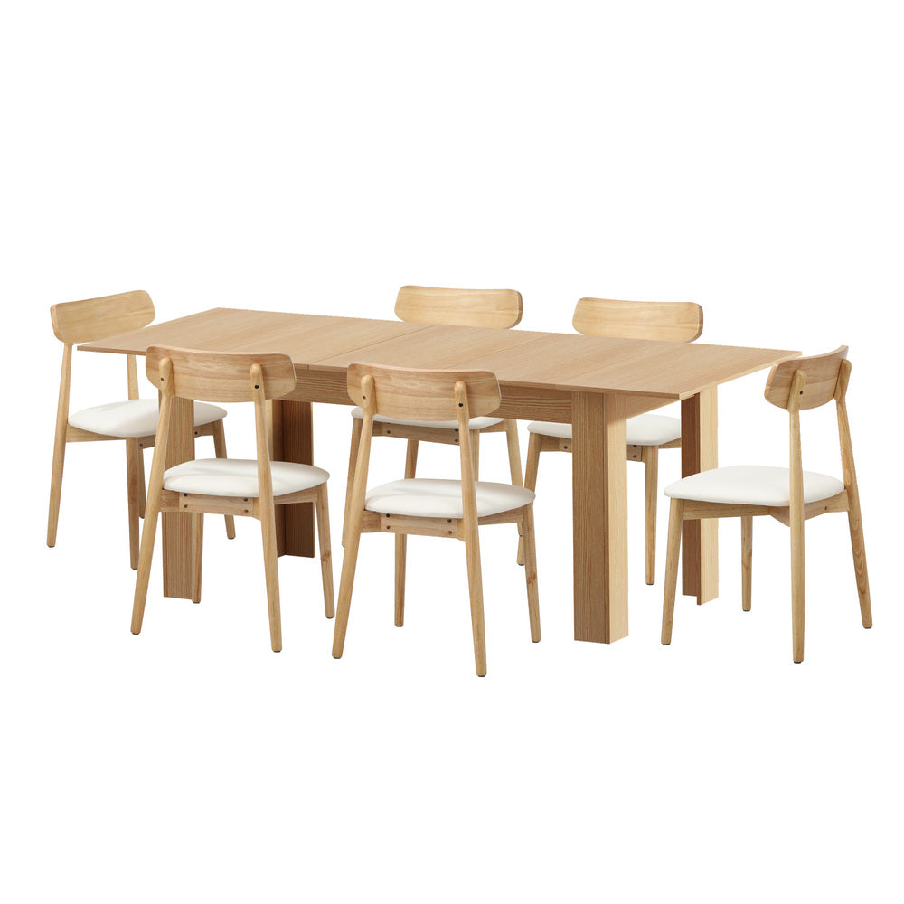 Oikiture 200cm Extendable Dining Table with 6x Dining Chairs PU Leather Natural-Dining Sets-PEROZ Accessories