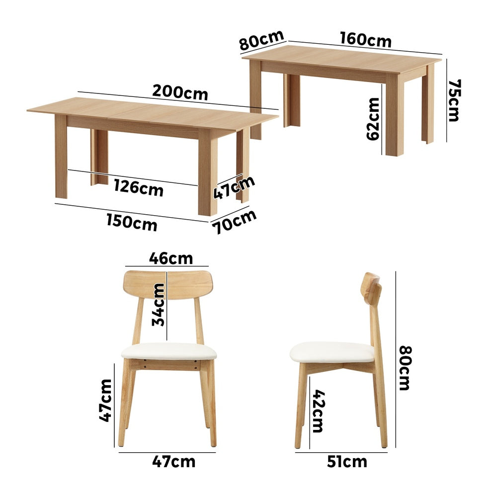 Oikiture 200cm Extendable Dining Table with 6x Dining Chairs PU Leather Natural-Dining Sets-PEROZ Accessories
