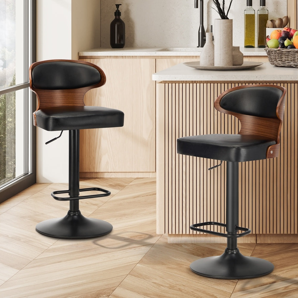 Oikiture 2x Bar Stools Adjustable Counter Height Stool Leather Black-Bar Stool-PEROZ Accessories