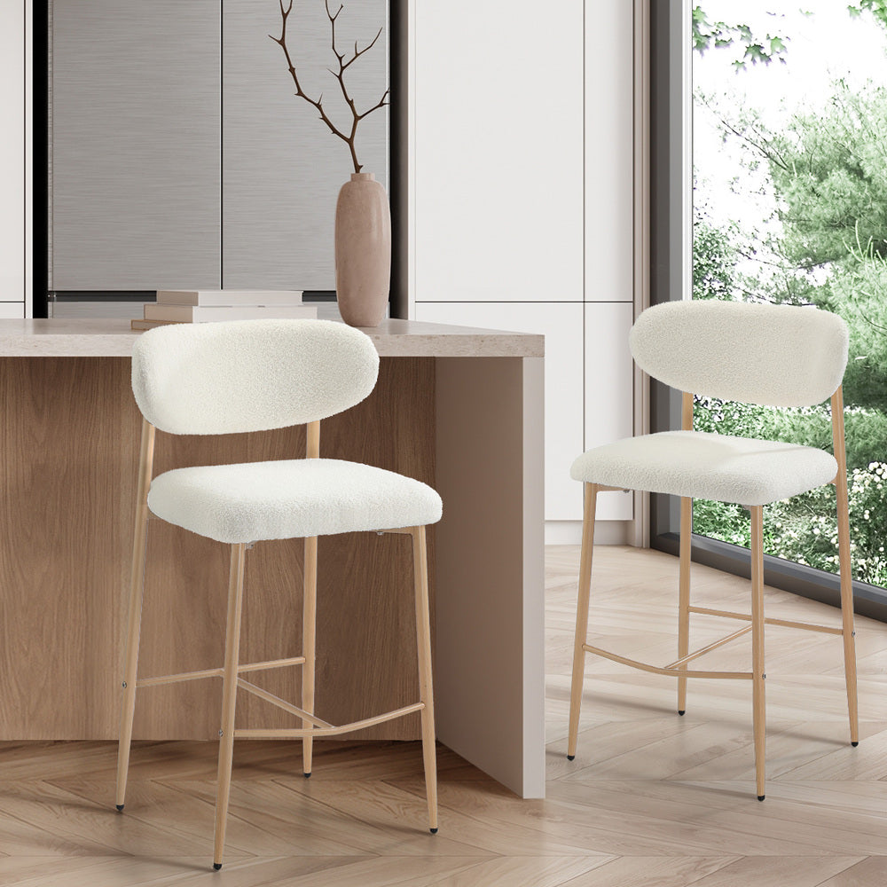 Oikiture 2x Bar Stools Boucle Fabric Natural White-Bar Stool-PEROZ Accessories