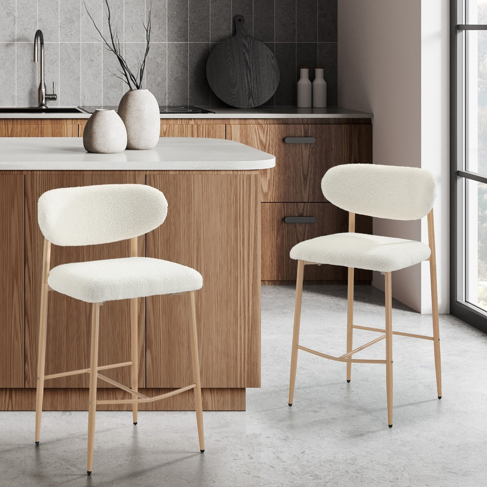 Oikiture 2x Bar Stools Boucle Fabric Natural White-Bar Stool-PEROZ Accessories