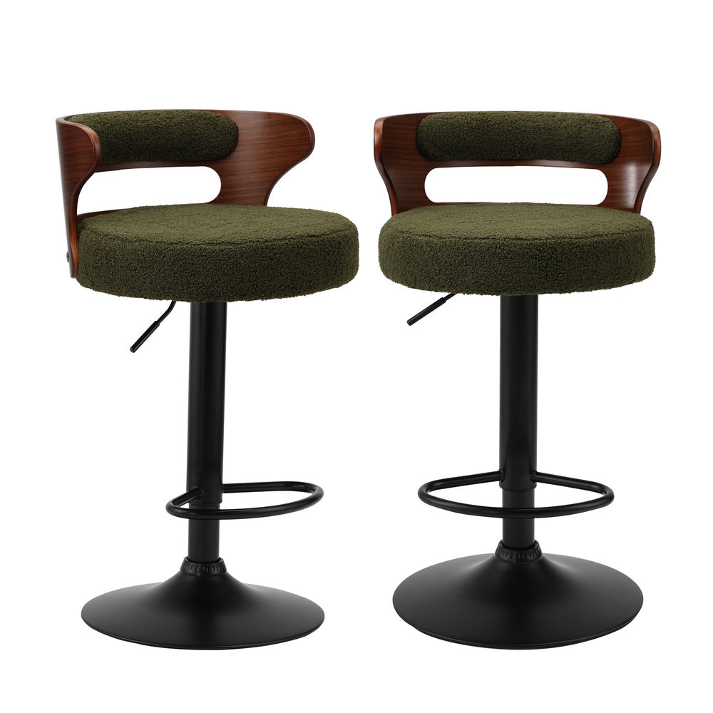 Oikiture 2x Bar Stools Gas Lift Swivel Chairs Wooden Boucle Green-Bar Stool-PEROZ Accessories