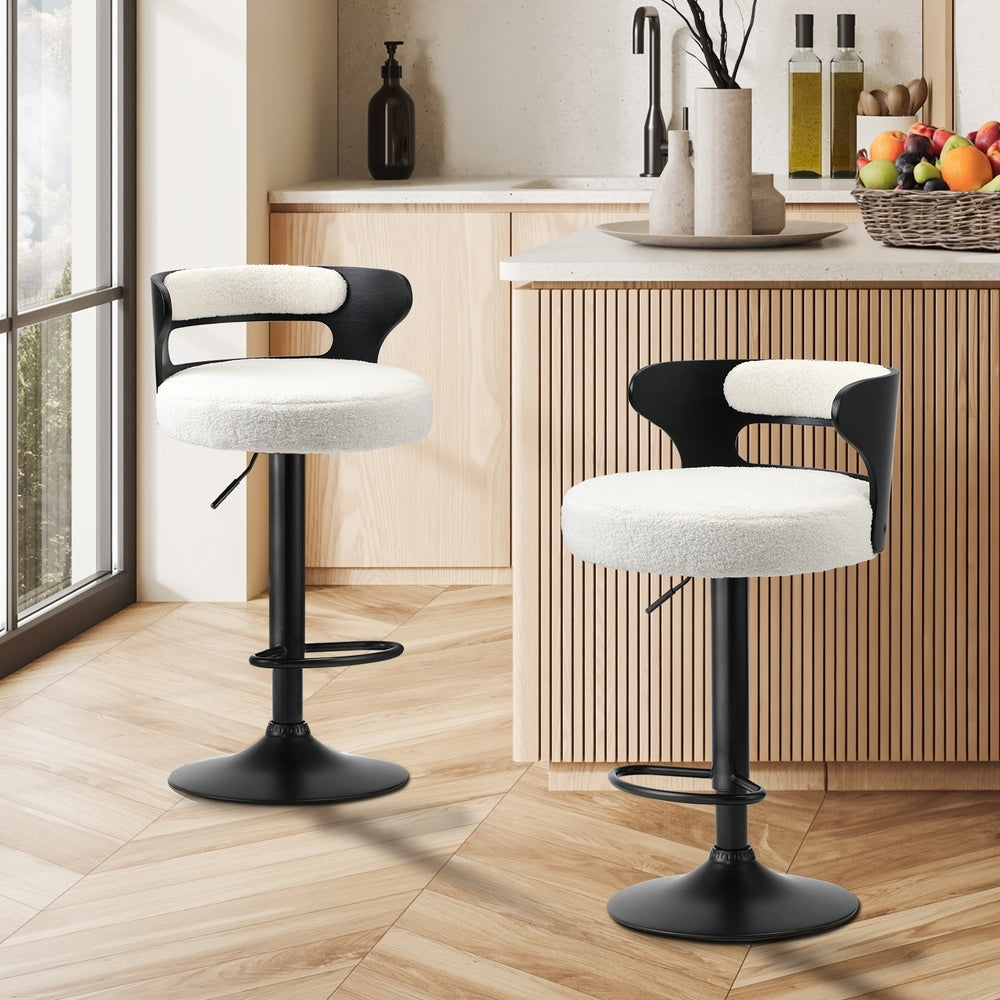 Oikiture 2x Bar Stools Gas Lift Swivel Chairs Wooden Boucle White-Bar Stool-PEROZ Accessories