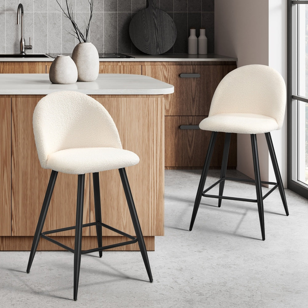 Oikiture 2x Bar Stools Kitchen Counter Stool White Boucle Padded-Bar Stool-PEROZ Accessories