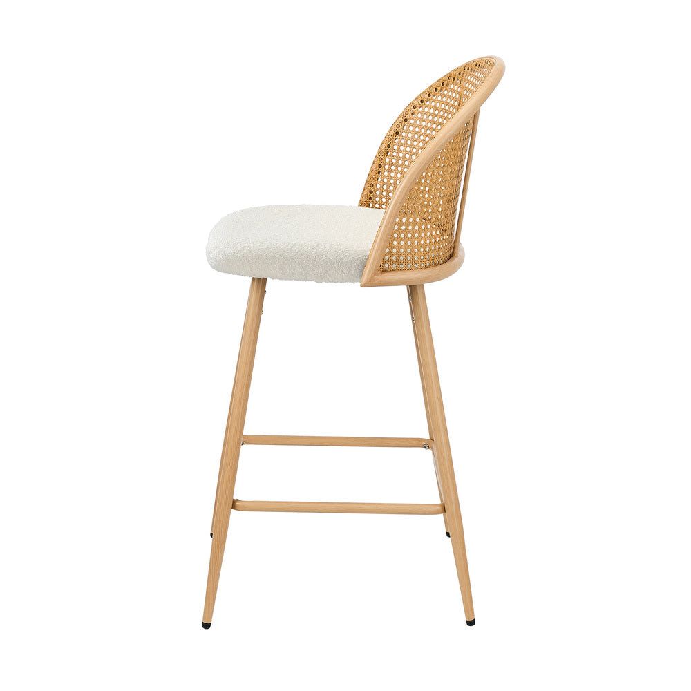 Oikiture 2x Bar Stools Rattan Dining Chair Natural Boucle White-Bar Stool-PEROZ Accessories
