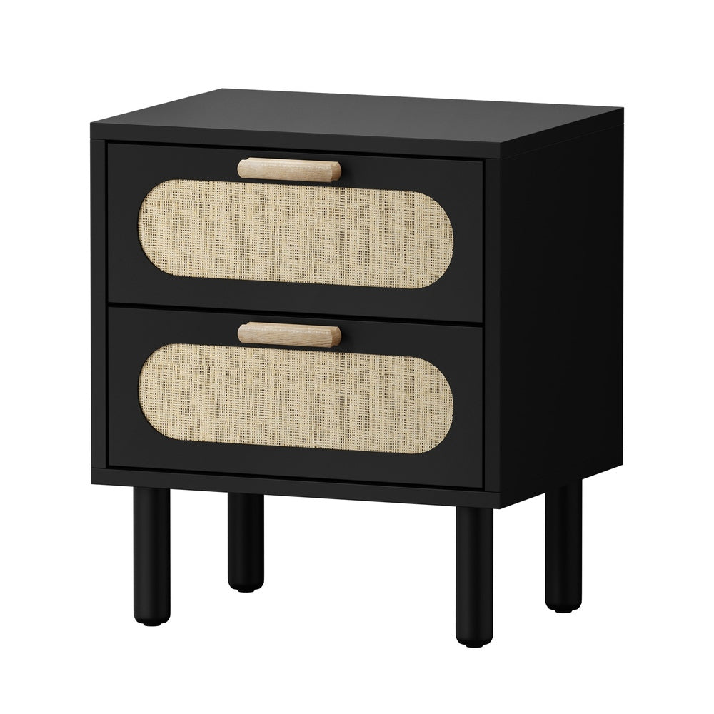 Oikiture 2x Bedside Table 2 Drawers Rattan Black-Bedside Tables-PEROZ Accessories