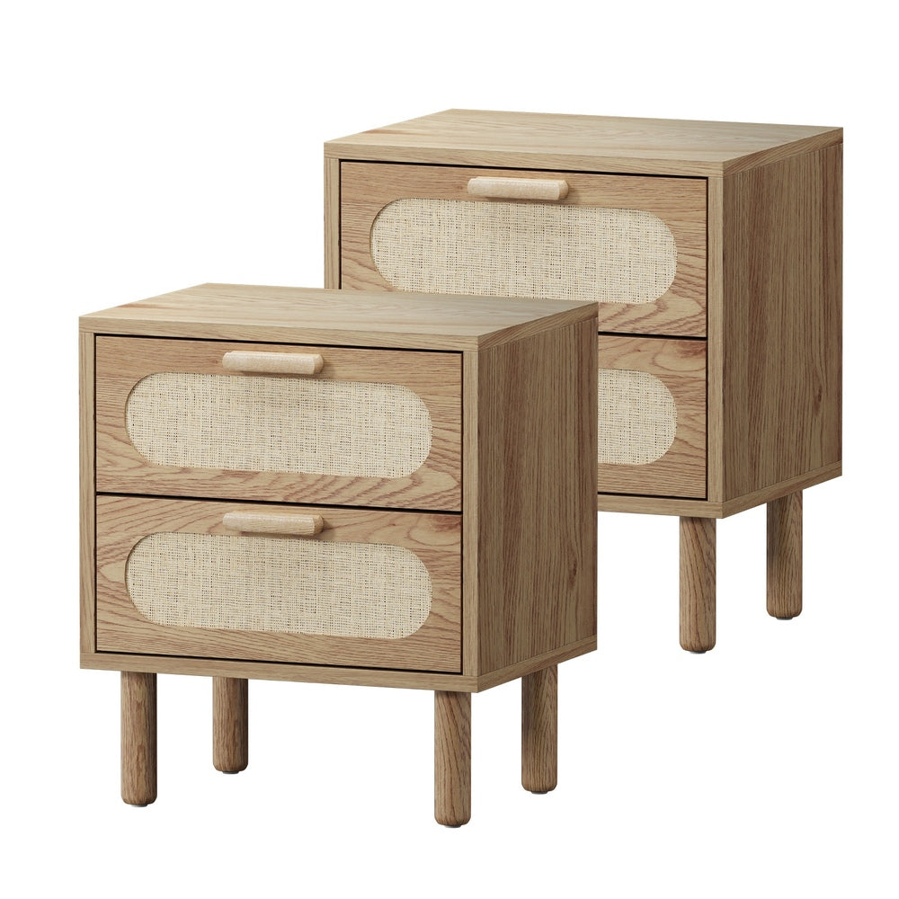 Oikiture 2x Bedside Table 2 Drawers Rattan Natural-Bedside Tables-PEROZ Accessories