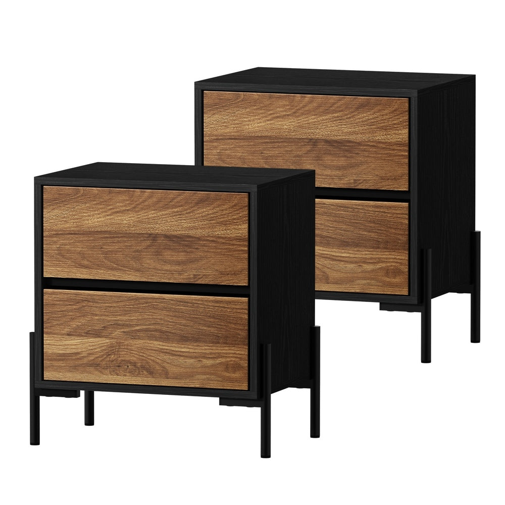 Oikiture 2x Bedside Table 2 Drawers Side End Nightstand Walnut-Bedside Tables-PEROZ Accessories