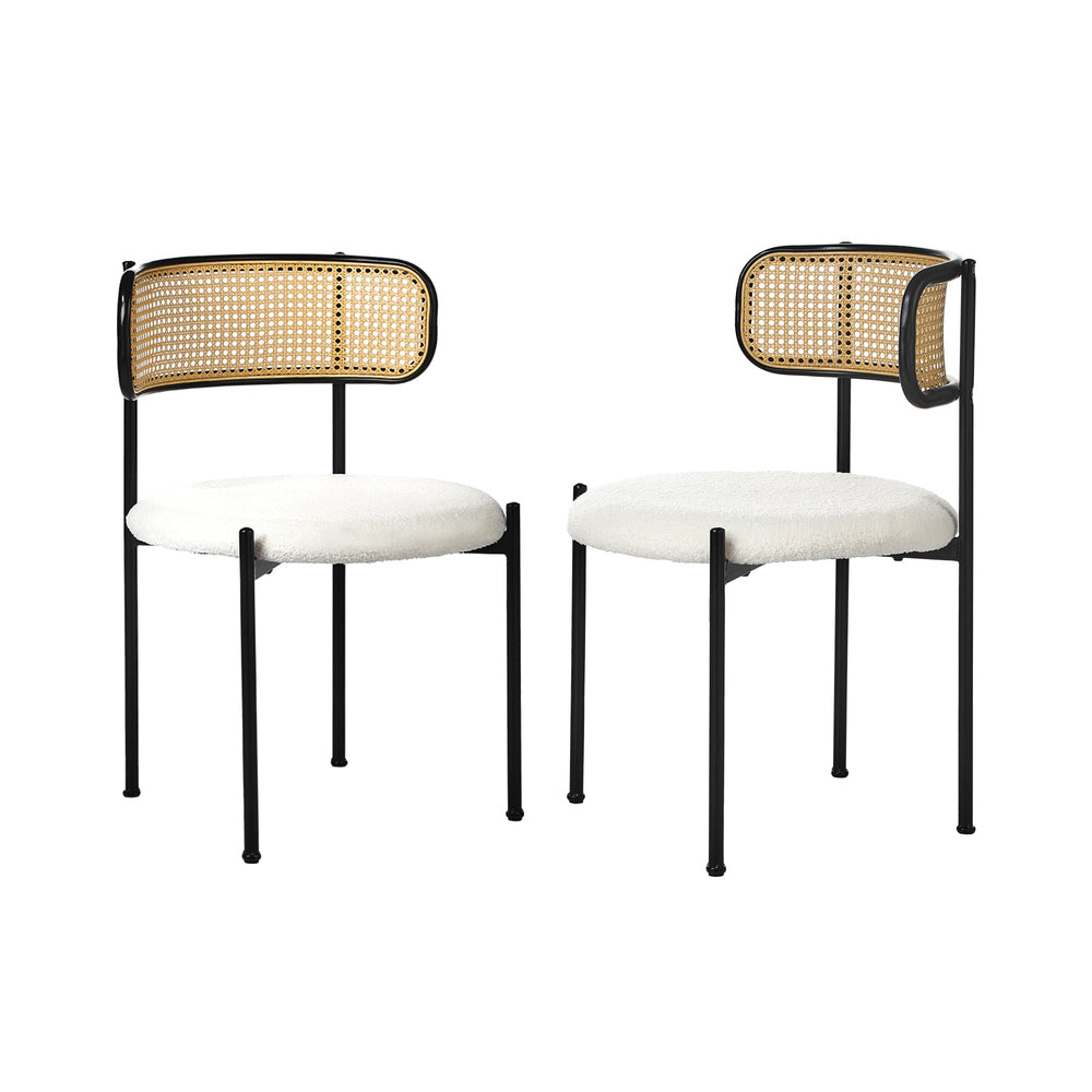 Oikiture 2x Dining Chair Round Boucle Rattan Backrest Black & White-Dining Chair-PEROZ Accessories