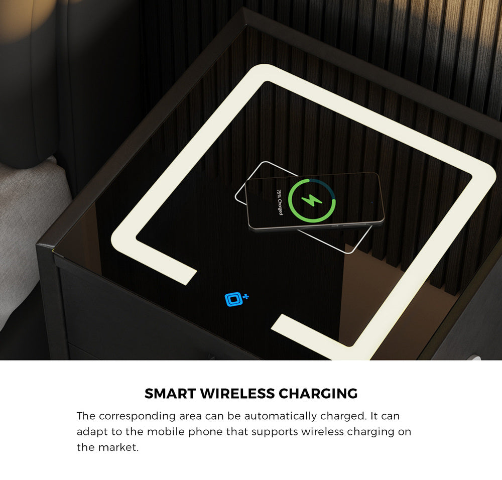 Oikiture 2x Smart Bedside Tables Wireless Charging LED 3 Drawers Black-Bedside Tables-PEROZ Accessories