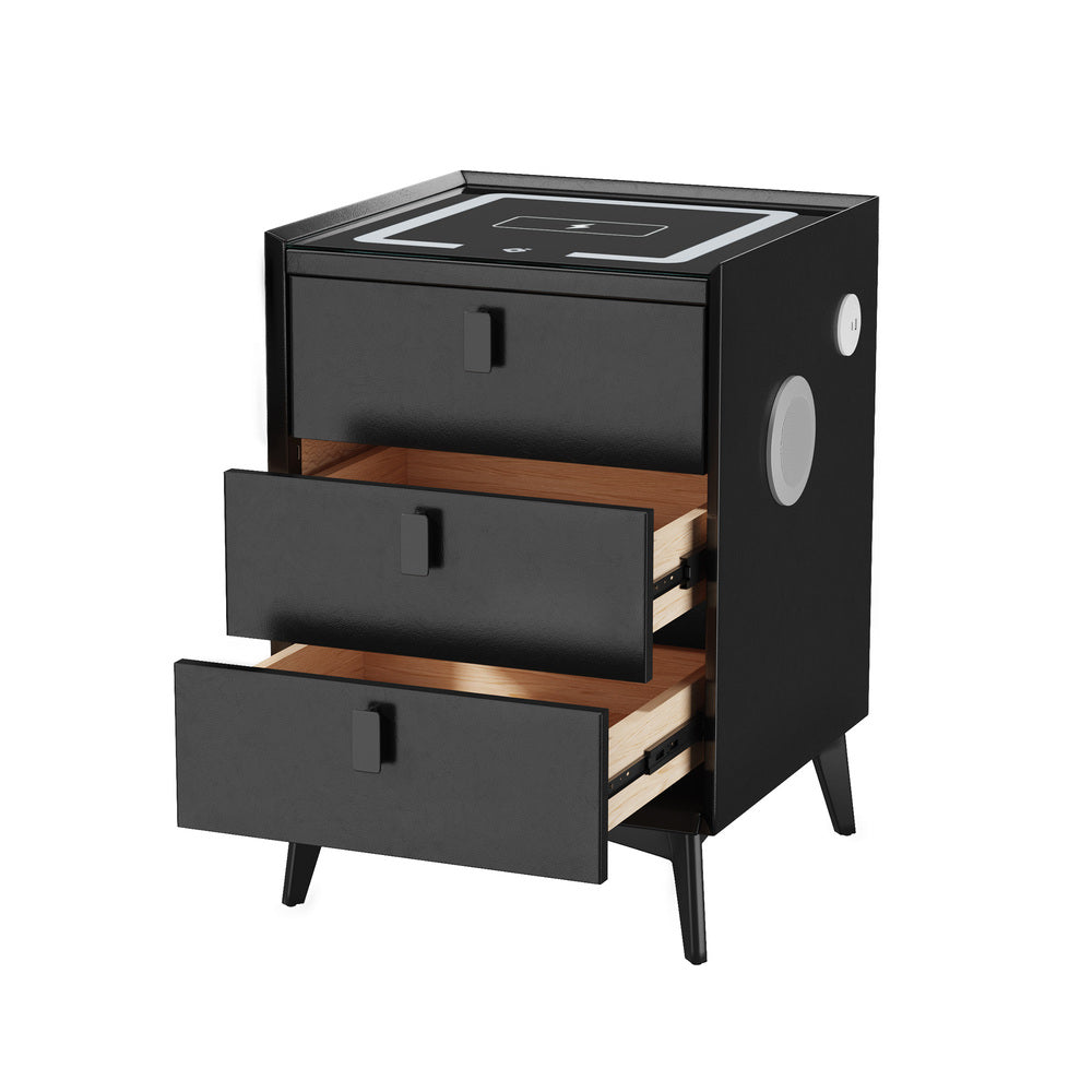 Oikiture 2x Smart Bedside Tables Wireless Charging LED 3 Drawers Black-Bedside Tables-PEROZ Accessories
