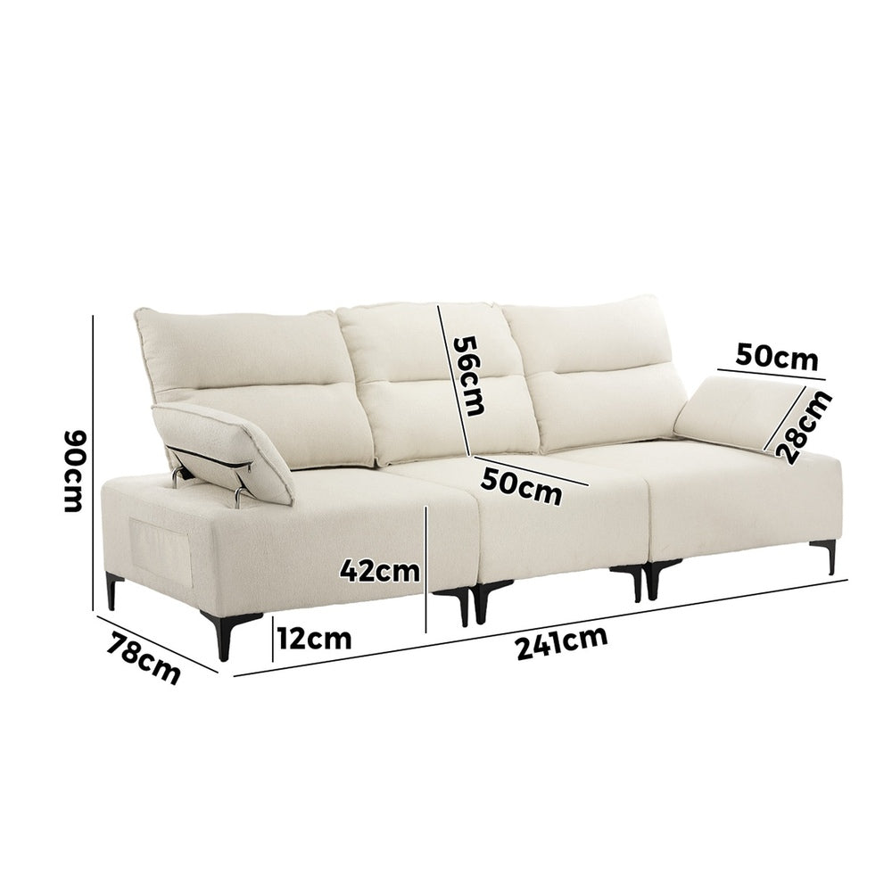 Oikiture 3 Seater Couch Sofa Chenille Adjustable Armrest Beige-Sofa-PEROZ Accessories