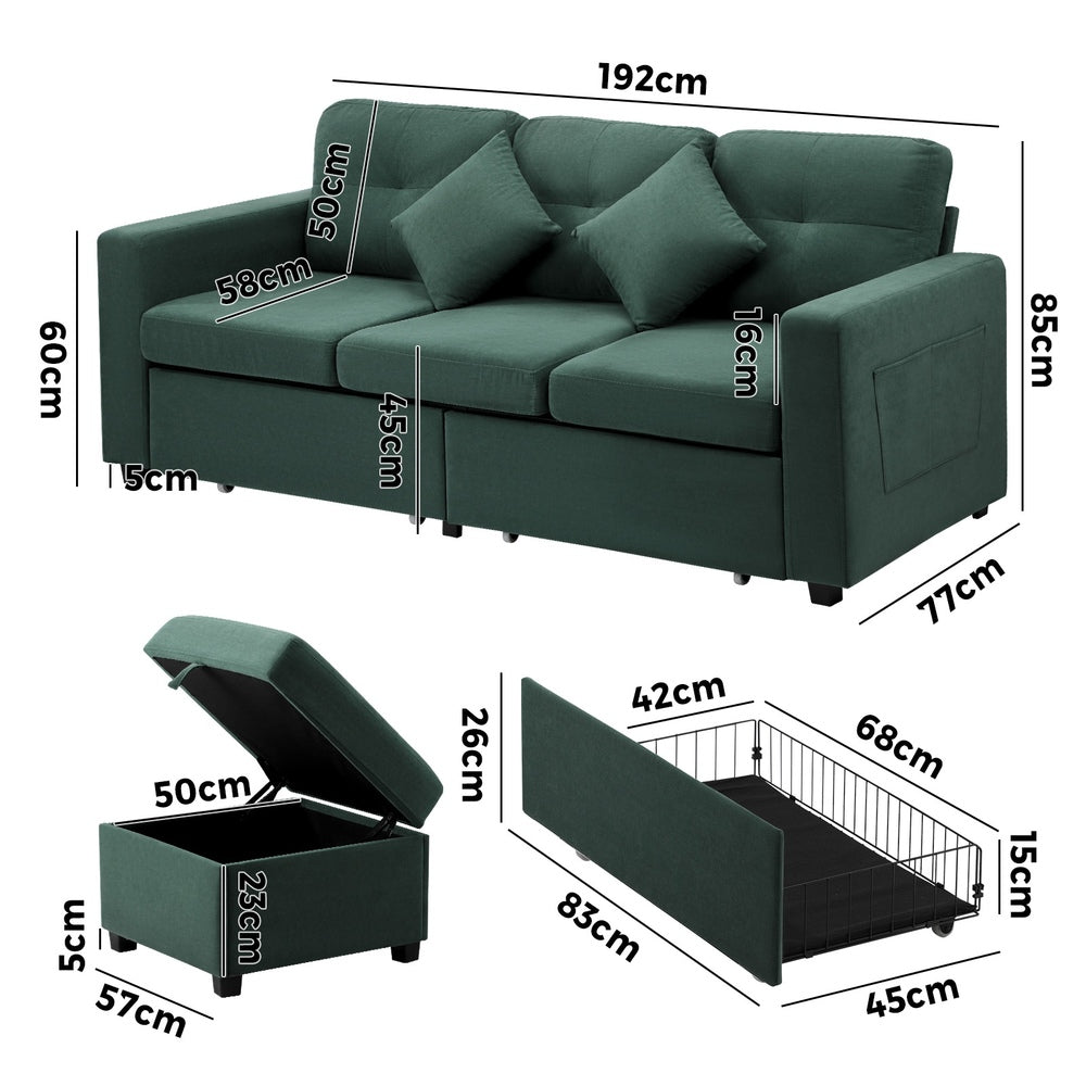 Oikiture 3 Seater Sofa Lounge Set Modular Couch Drawers & Ottoman Velvet Green-Sofa-PEROZ Accessories