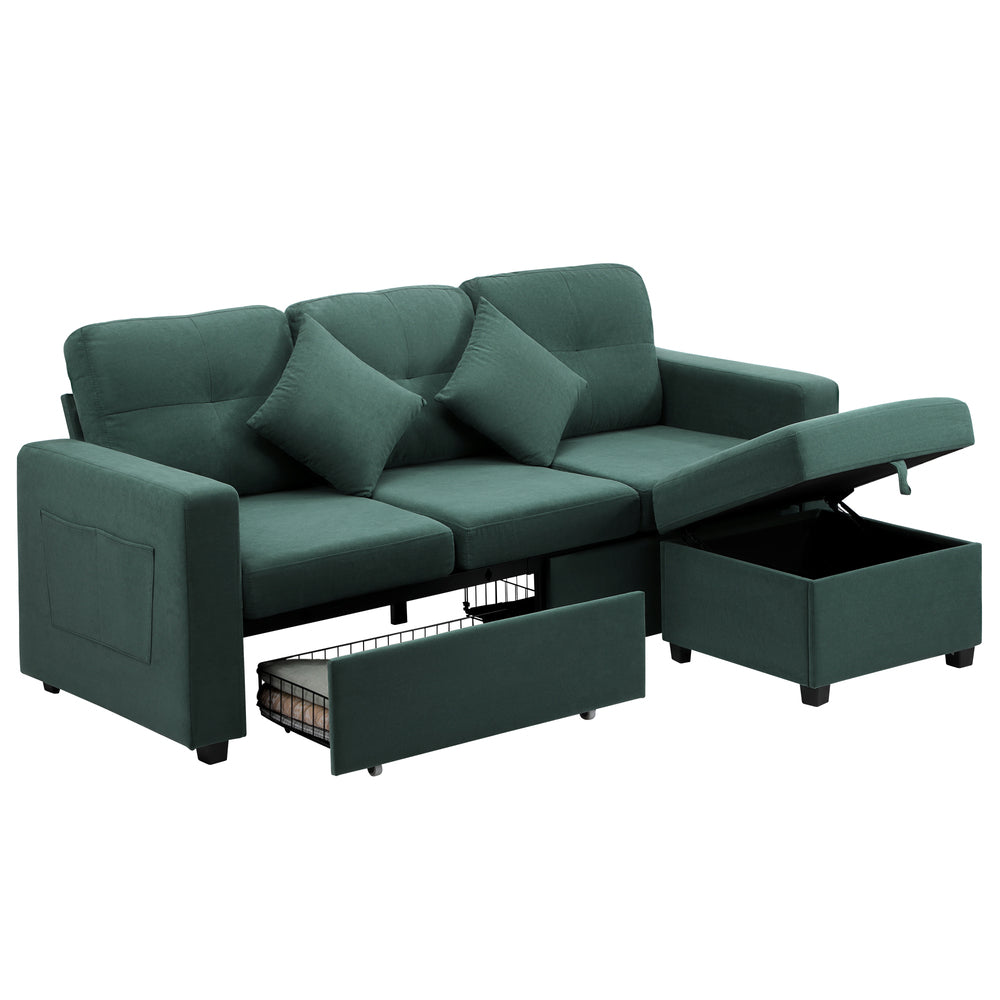 Oikiture 3 Seater Sofa Lounge Set Modular Couch Drawers & Ottoman Velvet Green-Sofa-PEROZ Accessories