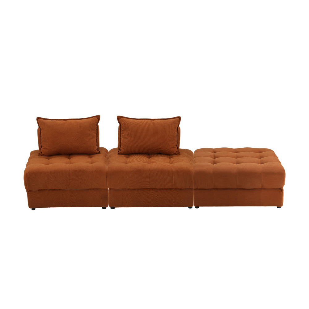 Oikiture 3 Seater Velvet Modular Sofa & Ottoman Set with Backrest Brown-Armchair-PEROZ Accessories