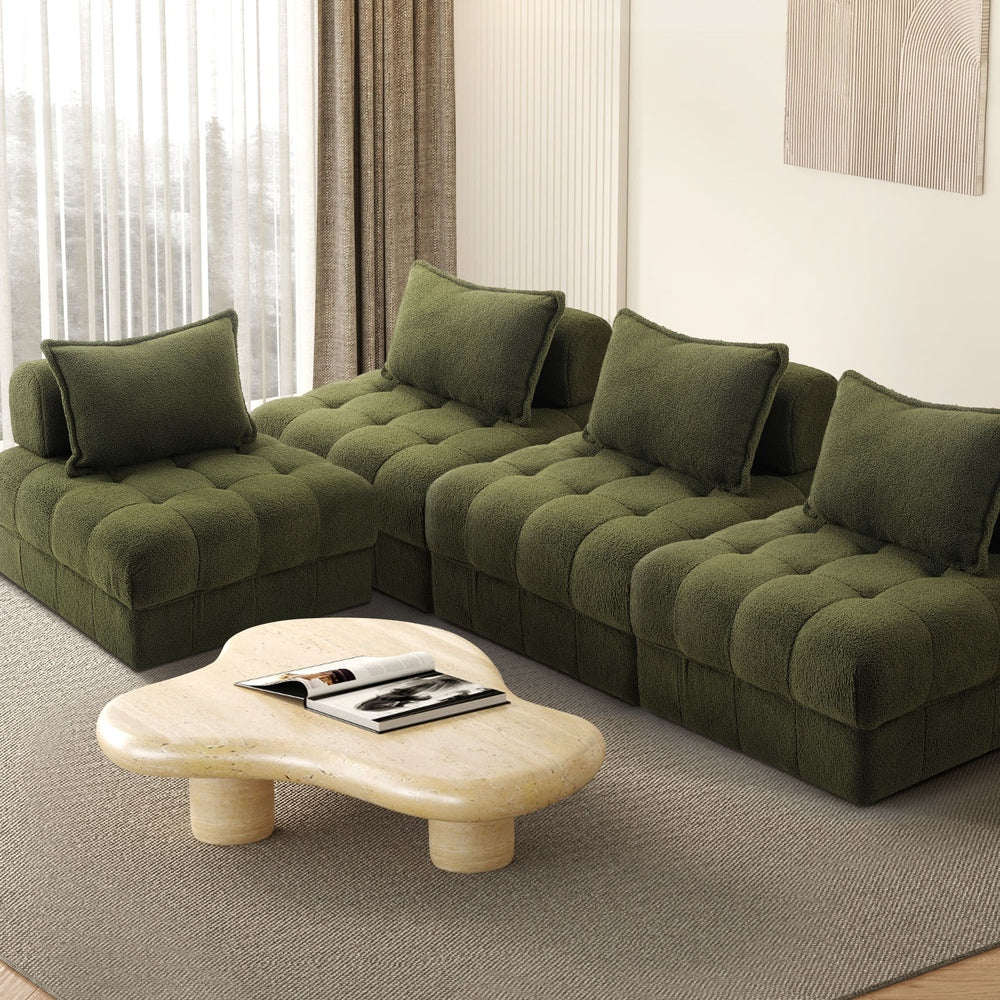 Oikiture 4 Seater Boucle Modular Sofa Armless TOFU Back Green-Sofa-PEROZ Accessories