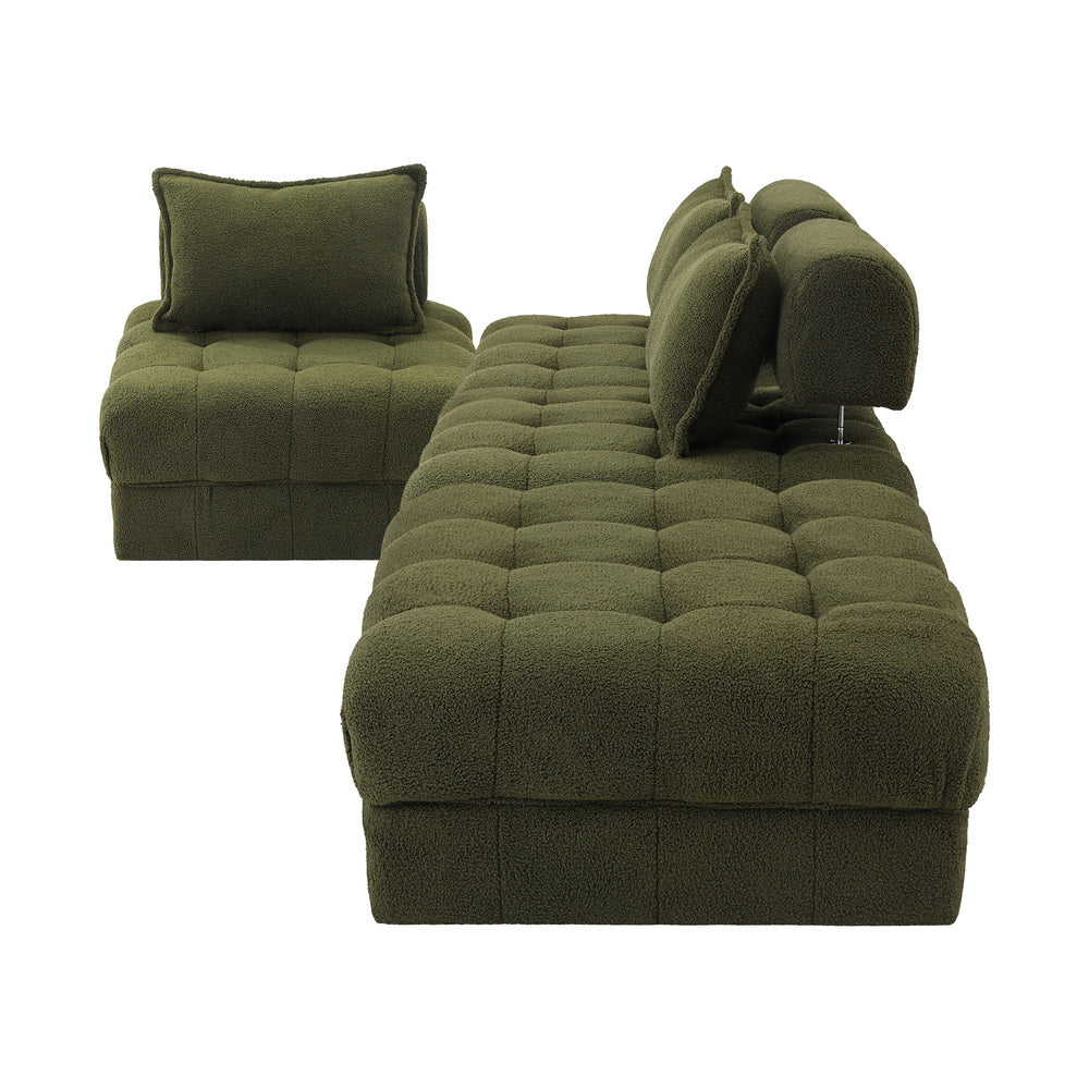 Oikiture 4 Seater Boucle Modular Sofa & Ottoman Set Green-Sofa-PEROZ Accessories