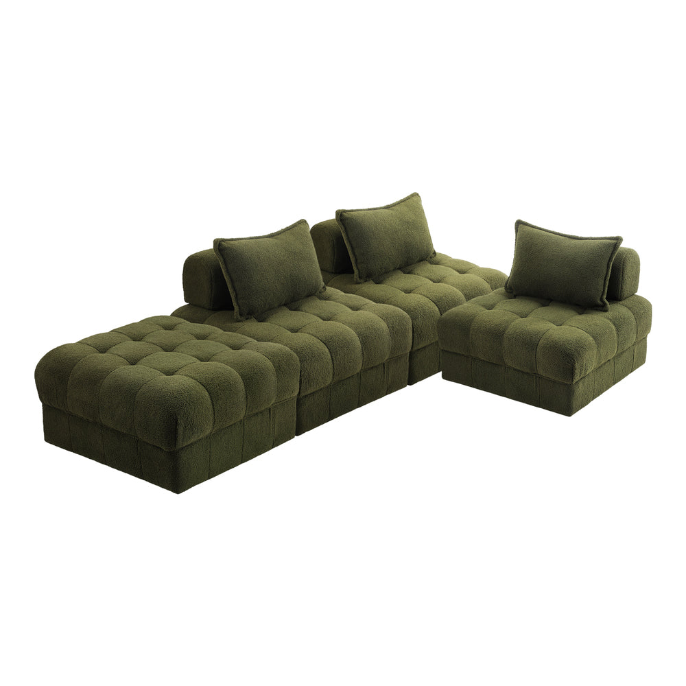 Oikiture 4 Seater Boucle Modular Sofa & Ottoman Set Green-Sofa-PEROZ Accessories