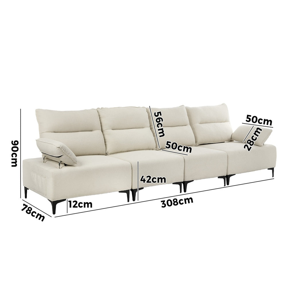 Oikiture 4 Seater Sofa Couch Chenille Adjustable Armrest Chair Beige-Sofa-PEROZ Accessories
