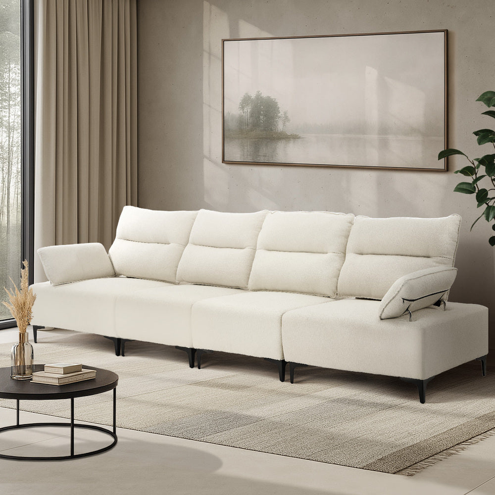 Oikiture 4 Seater Sofa Couch Chenille Adjustable Armrest Chair Beige-Sofa-PEROZ Accessories
