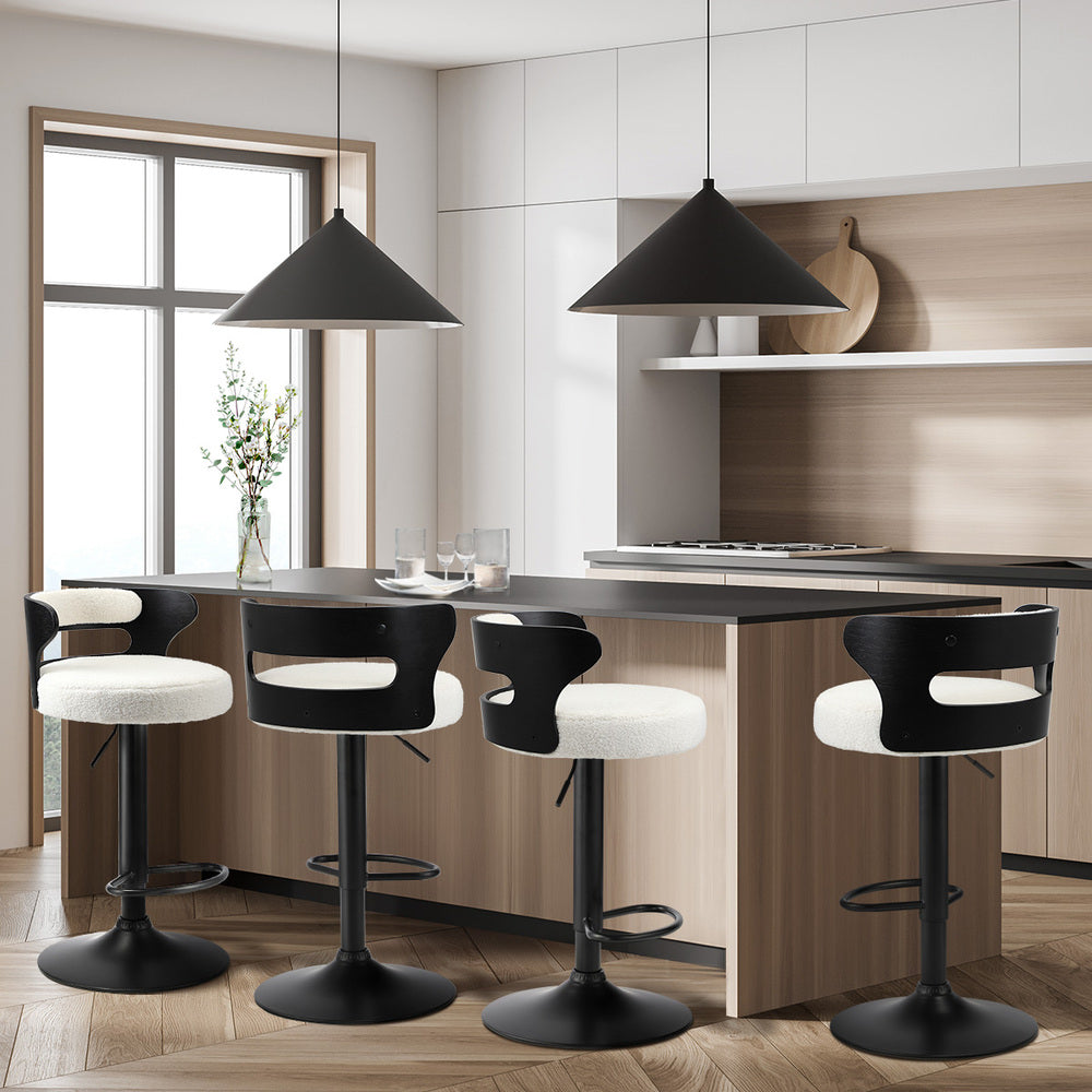 Oikiture 4x Bar Stools Gas Lift Swivel Chairs Wooden Boucle White-Bar Stool-PEROZ Accessories