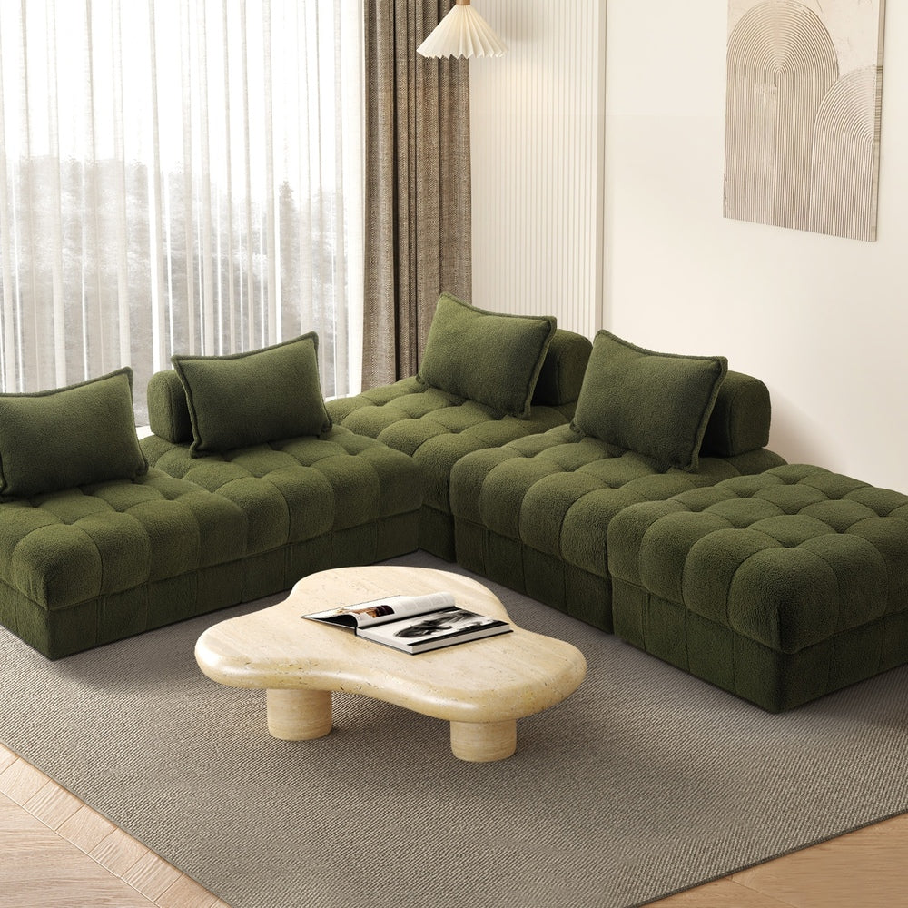 Oikiture 5 Seater Boucle Modular Sofa & Ottoman Set Green-Sofa-PEROZ Accessories