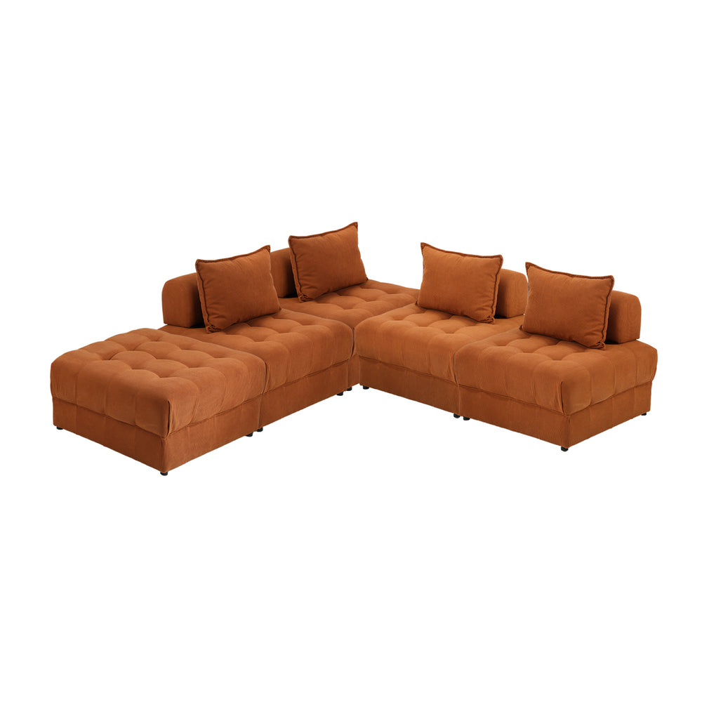 Oikiture 5 Seater Velvet Modular Sofa & Ottoman Set with Backrest Brown-Armchair-PEROZ Accessories
