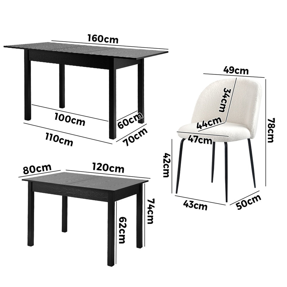 Oikiture 5pc Extendable Dining Table and Chairs Set Black & White-Dining Table-PEROZ Accessories