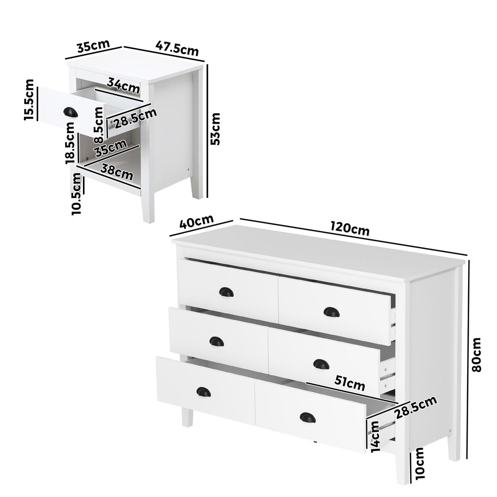 Oikiture 6 Chest of Drawers and Bedside Table Vintage Bedroom Set-Chest of Drawerss-PEROZ Accessories