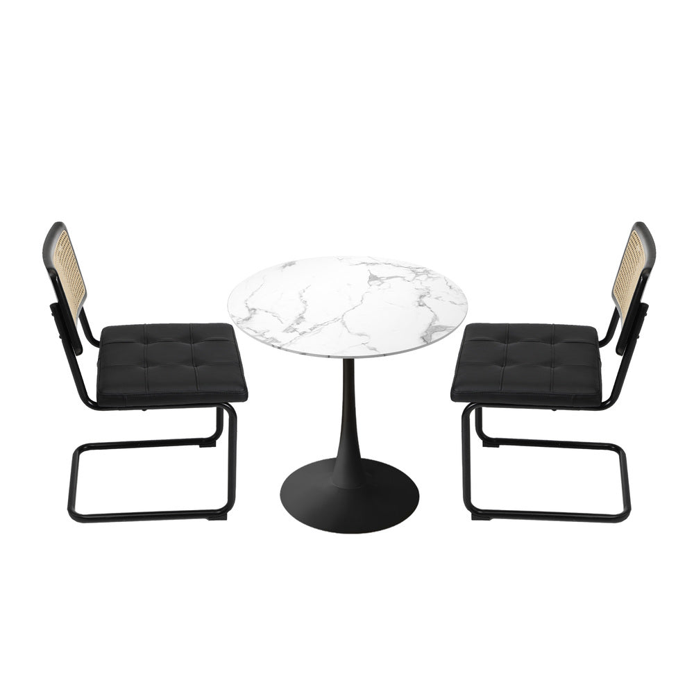 Oikiture 60cm Round Dining Table with 2PCS Dining Chairs PU Leather Black-Dining Sets-PEROZ Accessories