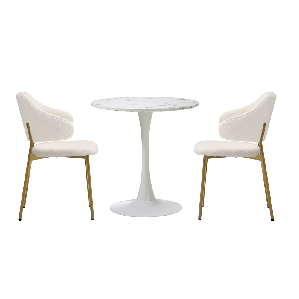 Oikiture 60cm Round Dining Table with 2x Dining Chairs Sherpa Gold & White-Dining Set-PEROZ Accessories