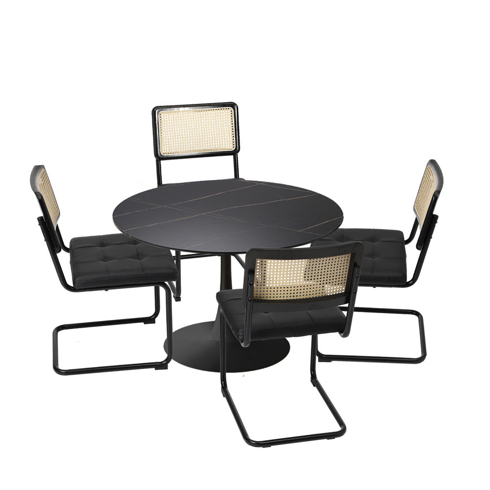 Oikiture 90cm Round Dining Table with 4PCS Dining Chairs PU Leather Black-Dining Sets-PEROZ Accessories