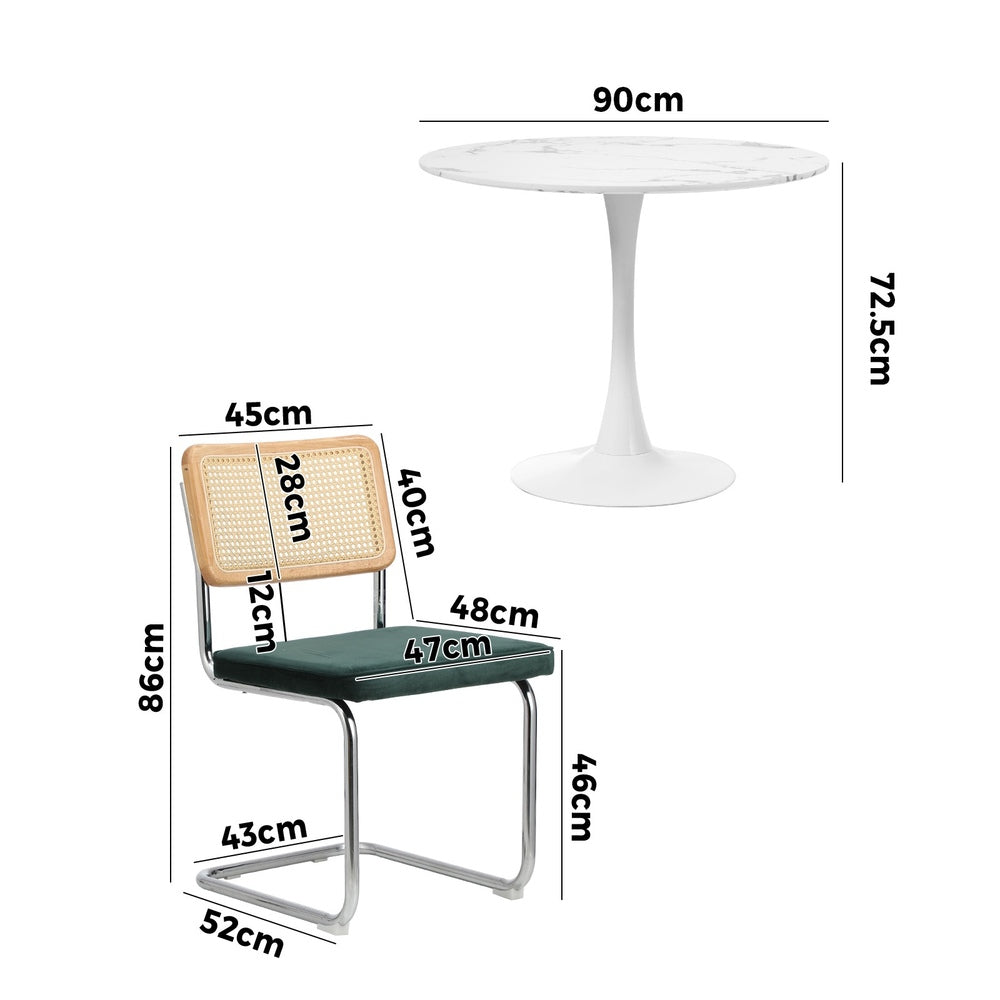Oikiture 90cm Round Dining Table with 4PCS Dining Chairs Velvet White&Green-Dining Sets-PEROZ Accessories