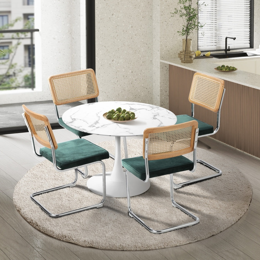 Oikiture 90cm Round Dining Table with 4PCS Dining Chairs Velvet White&Green-Dining Sets-PEROZ Accessories