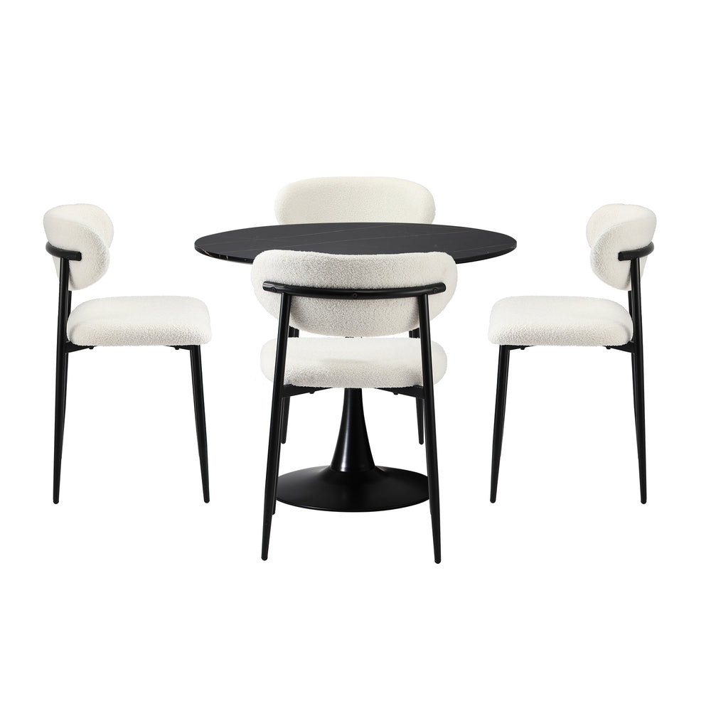 Oikiture 90cm Round Dining Table with 4x Dining Chairs Boucle Black & White-Dining Set-PEROZ Accessories