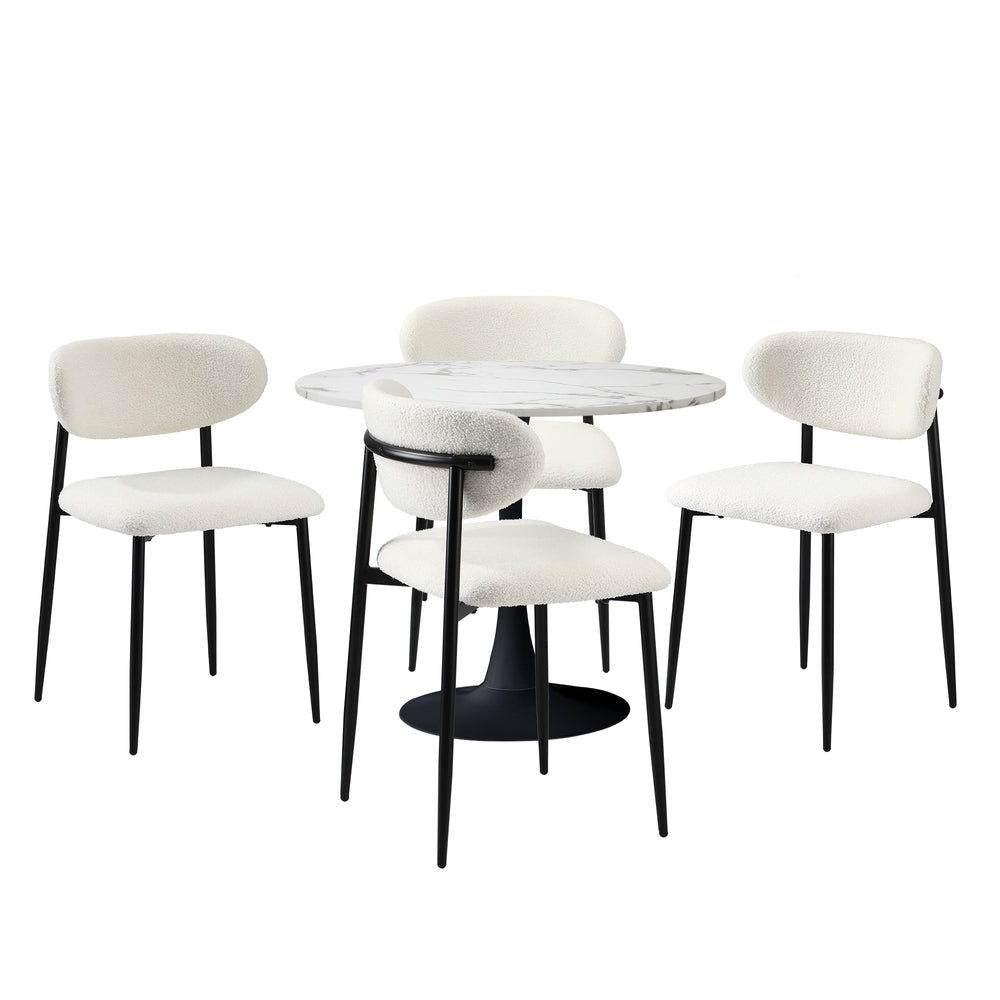 Oikiture 90cm Round Dining Table with 4x Dining Chairs Boucle White-Dining Set-PEROZ Accessories
