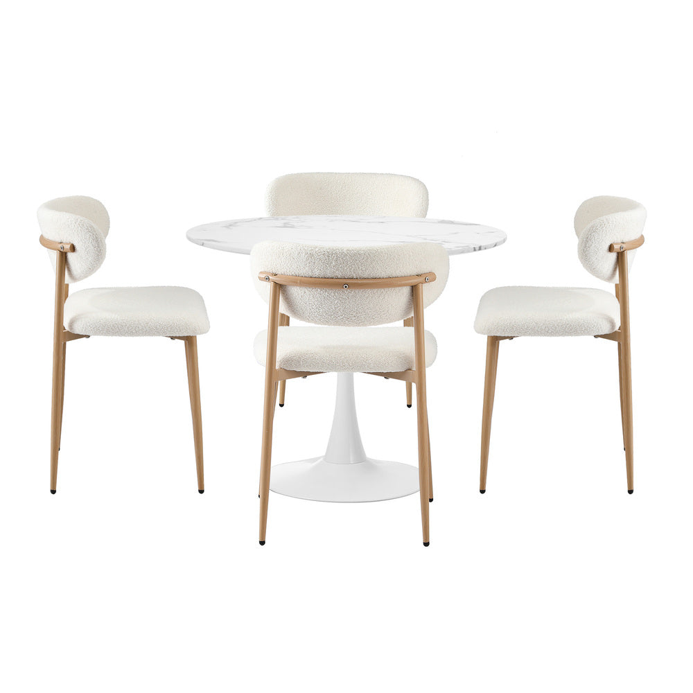 Oikiture 90cm Round Dining Table with 4x Dining Chairs Boucle White&Gold-Dining Sets-PEROZ Accessories