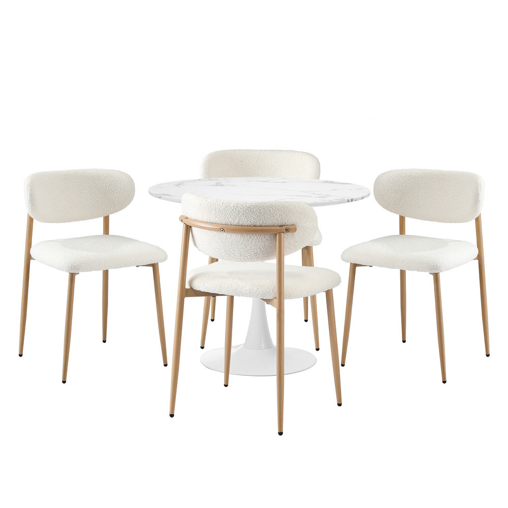 Oikiture 90cm Round Dining Table with 4x Dining Chairs Boucle White&Gold-Dining Sets-PEROZ Accessories