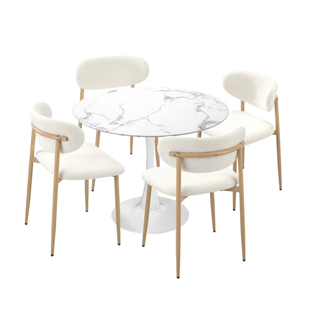 Oikiture 90cm Round Dining Table with 4x Dining Chairs Boucle White&Gold-Dining Sets-PEROZ Accessories