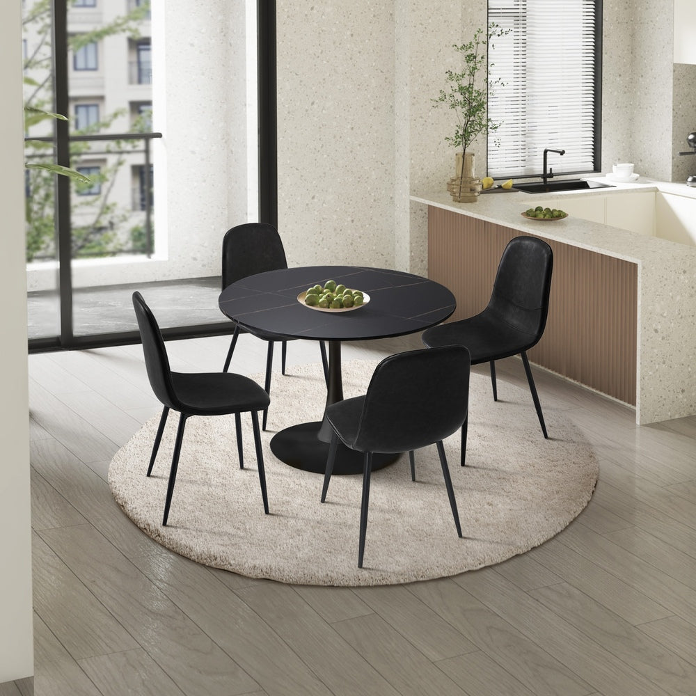 Oikiture 90cm Round Dining Table with 4x Dining Chairs PU Leather Black-Dining Set-PEROZ Accessories