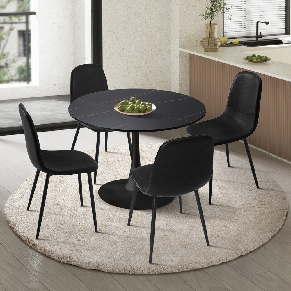 Oikiture 90cm Round Dining Table with 4x Dining Chairs PU Leather Black-Dining Set-PEROZ Accessories