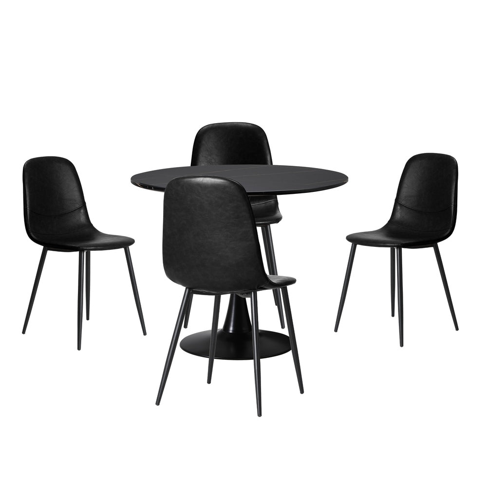 Oikiture 90cm Round Dining Table with 4x Dining Chairs PU Leather Black-Dining Set-PEROZ Accessories