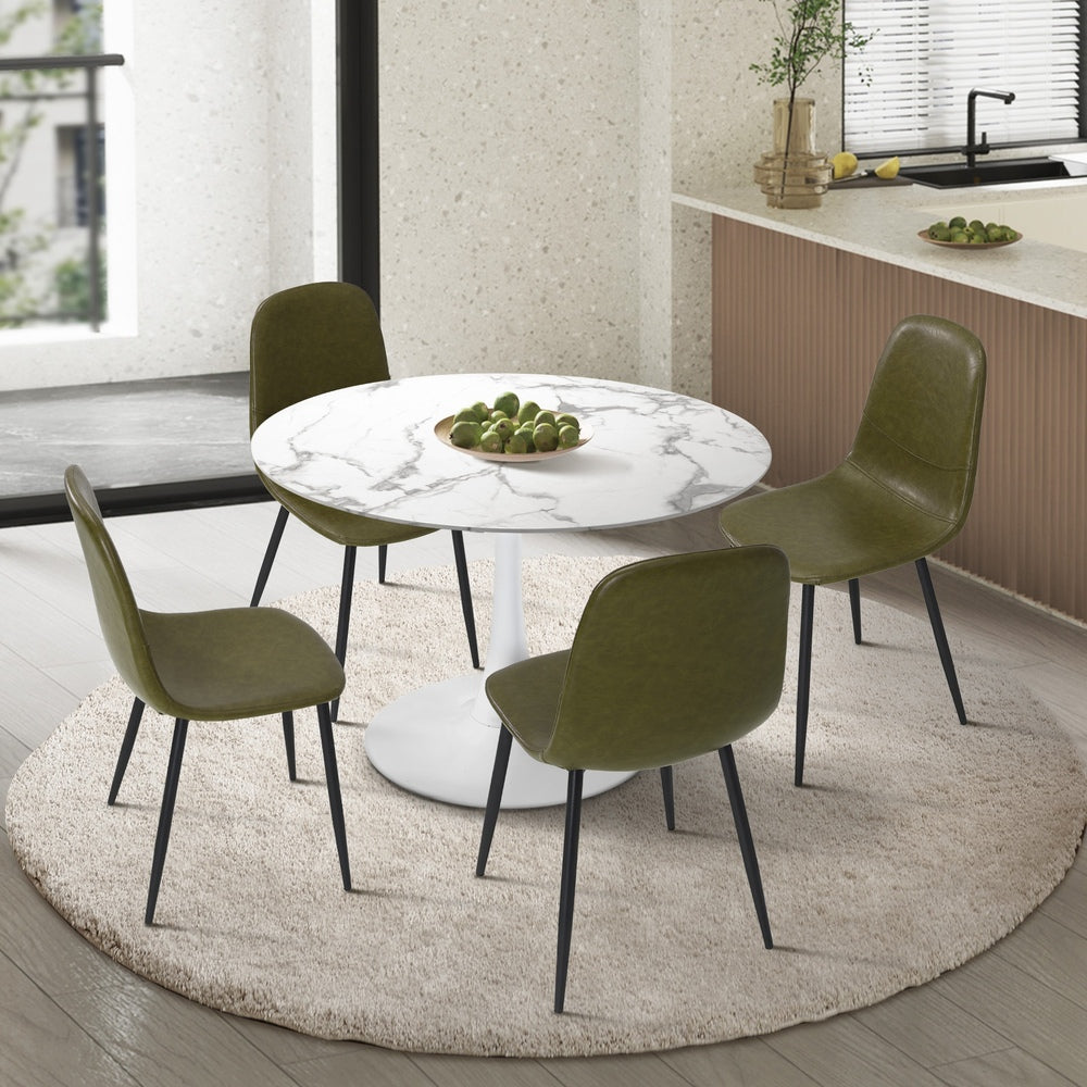 Oikiture 90cm Round Dining Table with 4x Dining Chairs PU Leather Green-Dining Set-PEROZ Accessories