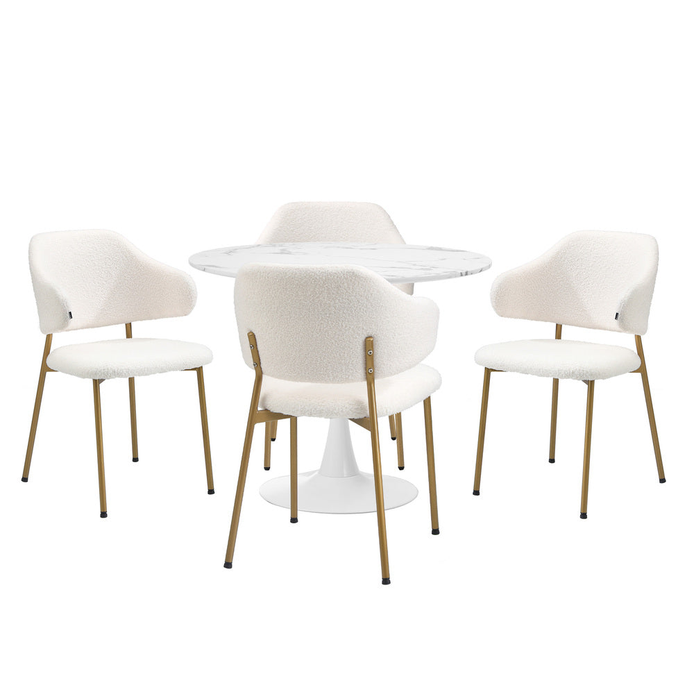 Oikiture 90cm Round Dining Table with 4x Dining Chairs Sherpa Gold & White-Dining Set-PEROZ Accessories
