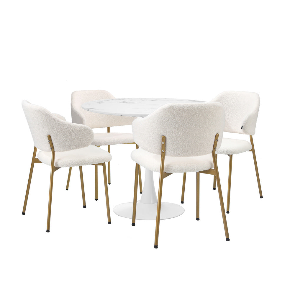 Oikiture 90cm Round Dining Table with 4x Dining Chairs Sherpa Gold & White-Dining Set-PEROZ Accessories