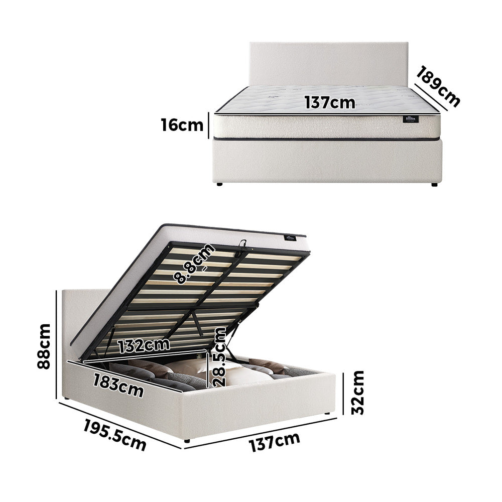 Oikiture Bed Frame Double Size Gas Lift Boucle Beds With Mattress Set-Bed Frame-PEROZ Accessories