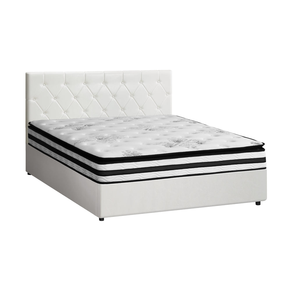 Oikiture Bed Frame Double Size Gas Lift with Mattress White Leather-Bed Frame-PEROZ Accessories