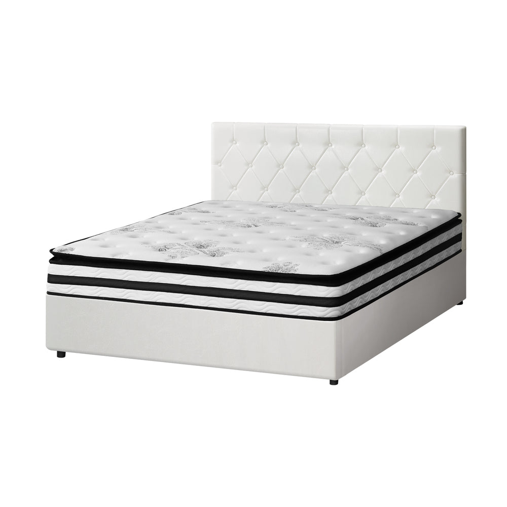 Oikiture Bed Frame Double Size Gas Lift with Mattress White Leather-Bed Frame-PEROZ Accessories